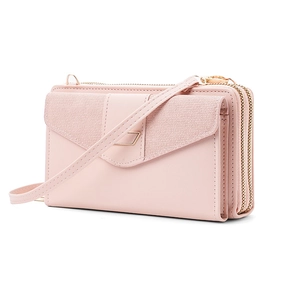 Pink PU leather crossbody phone bag with triple zippers and slim shoulder strap