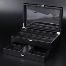 Detail of black double-layer jewelry box with watch slots and accessory drawers