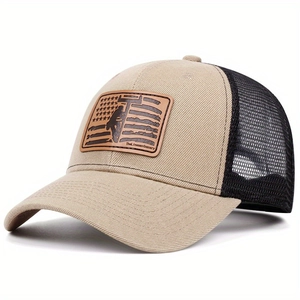 Retro khaki mesh trucker hat with leather patch featuring The Lineman Company logo