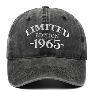 Detail of 1965 Limited Edition white embroidery on charcoal washed canvas baseball cap