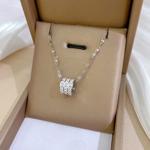 Polished silver titanium steel cylinder pendant necklace with crystals in jewelry box