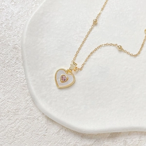 18k gold plated heart pendant with pink gemstone inlay and white mother of pearl inlay