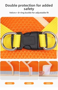 Detail of breathable mesh cat harness with reflective strips and adjustable buckle closure