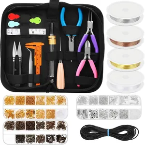 Complete jewelry making tool kit with pliers, metal wires and assorted findings in black bag