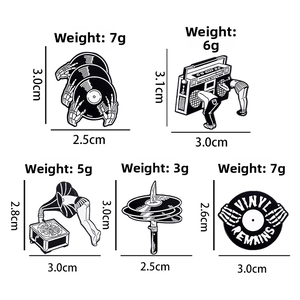 Detailed size and weight chart for black and white retro music enamel lapel pins