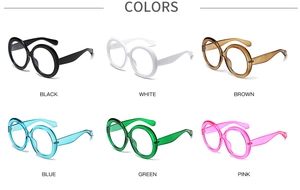 Matrix display of oversized round glasses frames in six vibrant and transparent colors