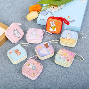 Mini Square Tinplate Coin Purse Cartoon Astronaut Bear Pattern Portable Zip Earphone Storage Bag For Kids