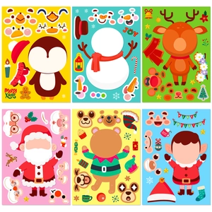 Detail of 6-pack Christmas DIY make-a-face stickers featuring penguin and reindeer characters
