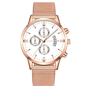 YOLAKO Men's Rose Gold Chronograph Watch with White Dial and Mesh Steel Bracelet