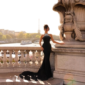 Halter Mermaid Evening Gown Backless Maxi Dress Rhinestone Artificial Pearl Embellished Elegant High End Women Formal Party Wear