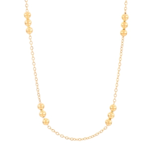 Minimalist gold beaded choker necklace with smooth metallic pearls on a thin chain link