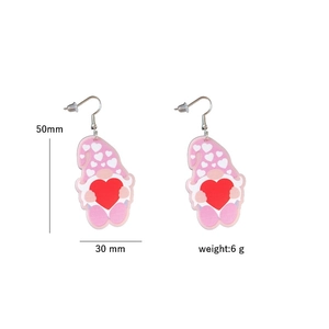 Detail view of pink gnome earrings showing size 50x30mm and 6g lightweight specifications