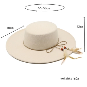Elegant white wool boater hat with leather band and decorative feathers for women