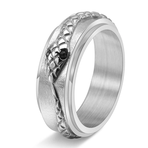 Mens vintage stainless steel spinner ring with engraved snake pattern and black zircon eye