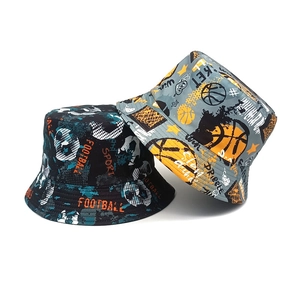 Close-up of cotton bucket hats with football and basketball themed prints and patterns