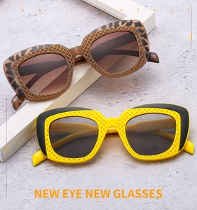 Detail of leopard print and two-tone hip-hop sunglasses on white geometric frames