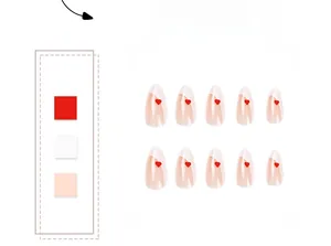 Detail view of almond shape press-on nails with white French tips and red heart patterns