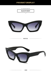 Detailed front and side views of black cat-eye sunglasses with purple gradient lenses