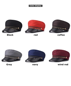 Detail display of stylish flat top military hats in six colors with gold chain decor