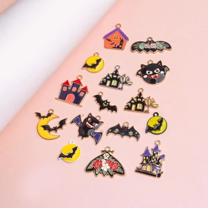 Pendentifs Halloween en émail avec chauve-souris, maison hantée et chat noir pour bijoux