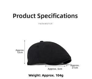 Black cotton flat cap dimensions detail with 12cm height and 6cm brim measurements