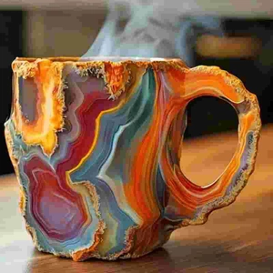 Close-up of mineral crystal coffee mug with colorful agate textures and rising steam