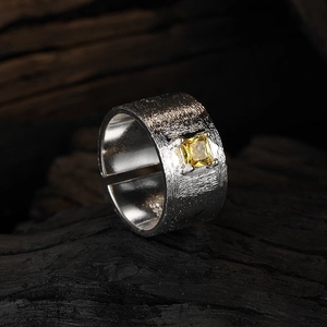 Frosted silver wide band open ring with center yellow square gemstone for women