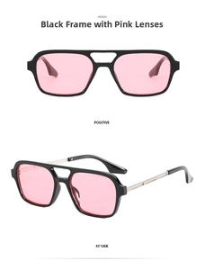 Detailed front and side view of square double-bridge sunglasses with black frames and pink lenses