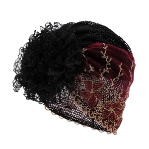 Lace flower beanie hat with gold floral embroidery and breathable mesh for women
