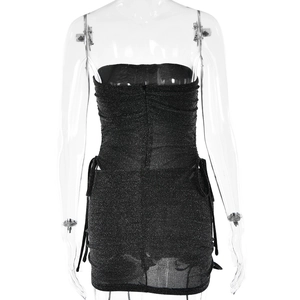 Back view of black sequin bodycon dress with drawstring ruching and zip detail