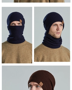 Close-up of winter knitted beanie and neck warmer set with warm thick fleece lining