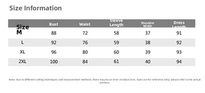 Detailed size chart for long sleeve embroidered dress with bust and waist measurements