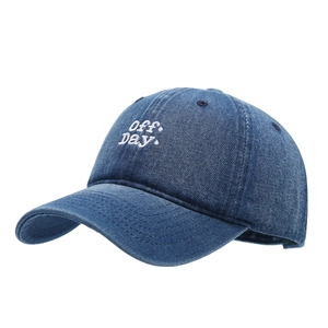 Classic navy blue washed denim baseball cap featuring white Off Day embroidery