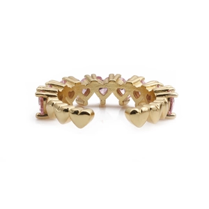 Adjustable gold plated heart ring featuring pink zircon stones in a geometric design