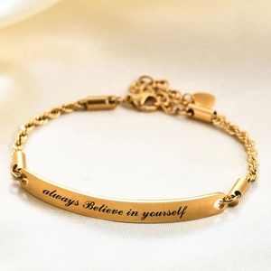 Gold stainless steel rope chain bracelet with Always Believe In Yourself curved plaque