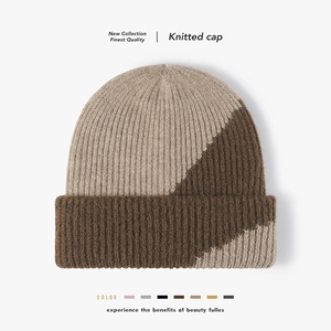 Unisex Two-Tone Color Block Beanie Double Layer Warm Ribbed Knit Wool Hat Winter Casual Outdoor Cuff Knitted Cap