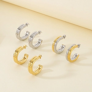 Minimalist Stainless Steel C-Shaped Hoop Earrings For Women Polished Geometric Two-Tone Gold Silver Plated Jewelry