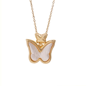 Elegant 18K gold-plated titanium steel necklace with a double butterfly pendant and shell inlay