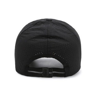 Black quick-dry baseball cap with breathable mesh and reflective strap, rear view