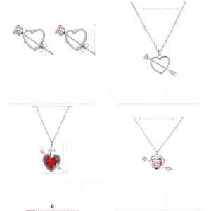 Macro detail of Cupid heart earrings and necklaces with size measurements