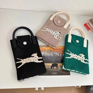 Mini knitted crossbody phone bag with pixel cat leopard pattern in black beige and green