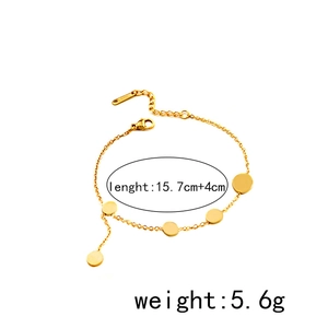 Detailed view of gold geometric round disc bracelet with 15.7cm plus 4cm extension chain