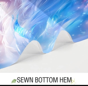 Detailed macro view of the professional sewn bottom hem on abstract art fabric shower curtain