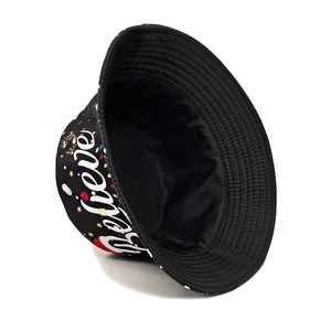 Black Christmas fisherman hat with Believe text and colorful festive holiday patterns