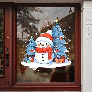 Christmas Window Clings Static Cling PVC Cartoon Snowman Blue Tree Gift Snowflake Double Sided Glass Door Decoration