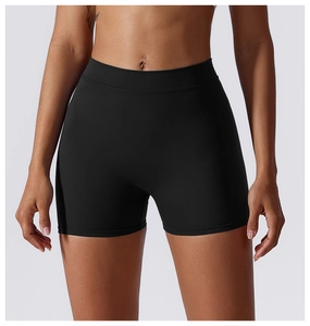 Close-up of black high-waisted yoga shorts with seamless elastic fabric texture
