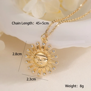 18K gold plated sun face pendant necklace with cubic zirconia for women