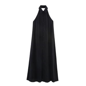 Robe Maxi Dos Nu En Lin À Simple Boutonnage Dos Nu Sans Manches Taille Haute Ligne A Élégante Décontractée Noir Uni Pour Femmes
