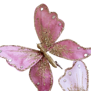 Pink fabric Christmas butterfly ornament with gold glitter and sparkling rhinestones