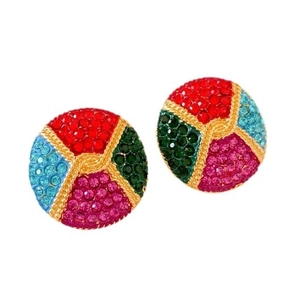 Vintage gold earrings featuring colorful rhinestones in a circular mosaic pattern